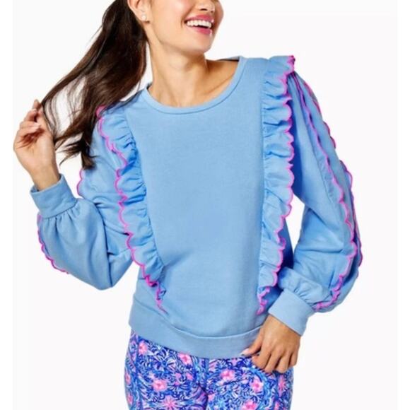 Lilly Pulitzer Blue and Pink Suzy Scalloped Pullover Sweatshirt Size S - Picture 1 of 8